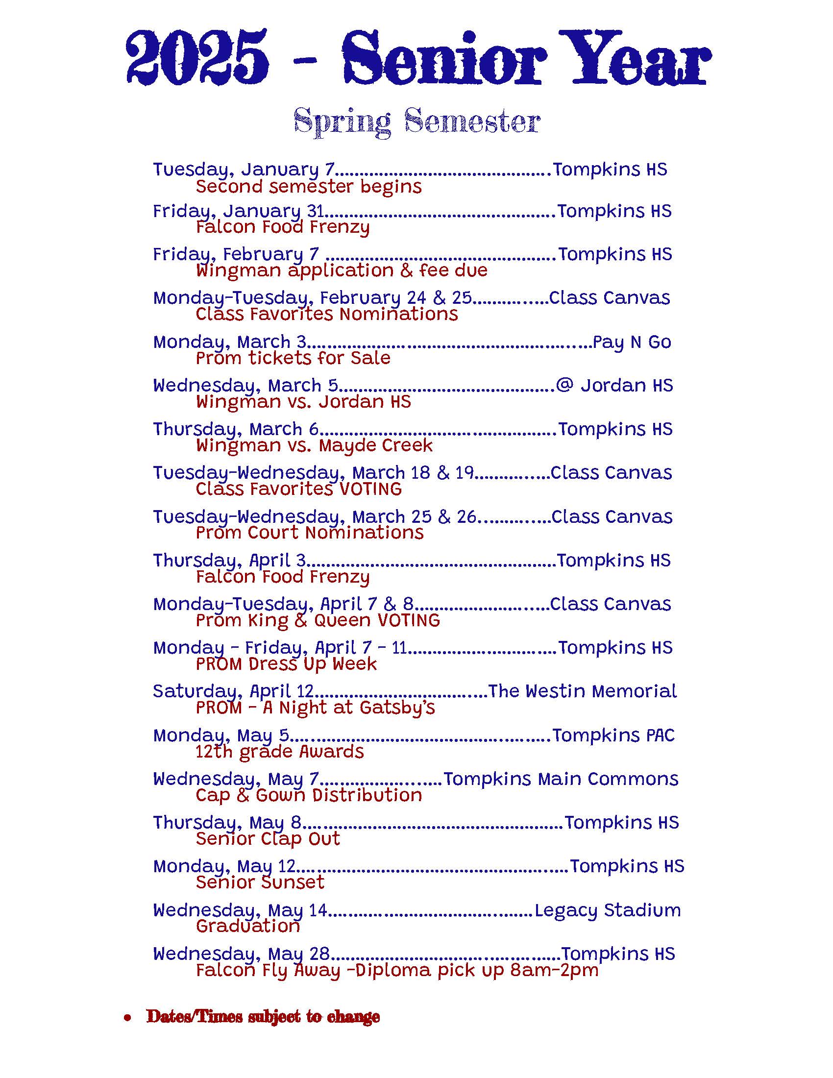 2025 - Senior Year Calendar